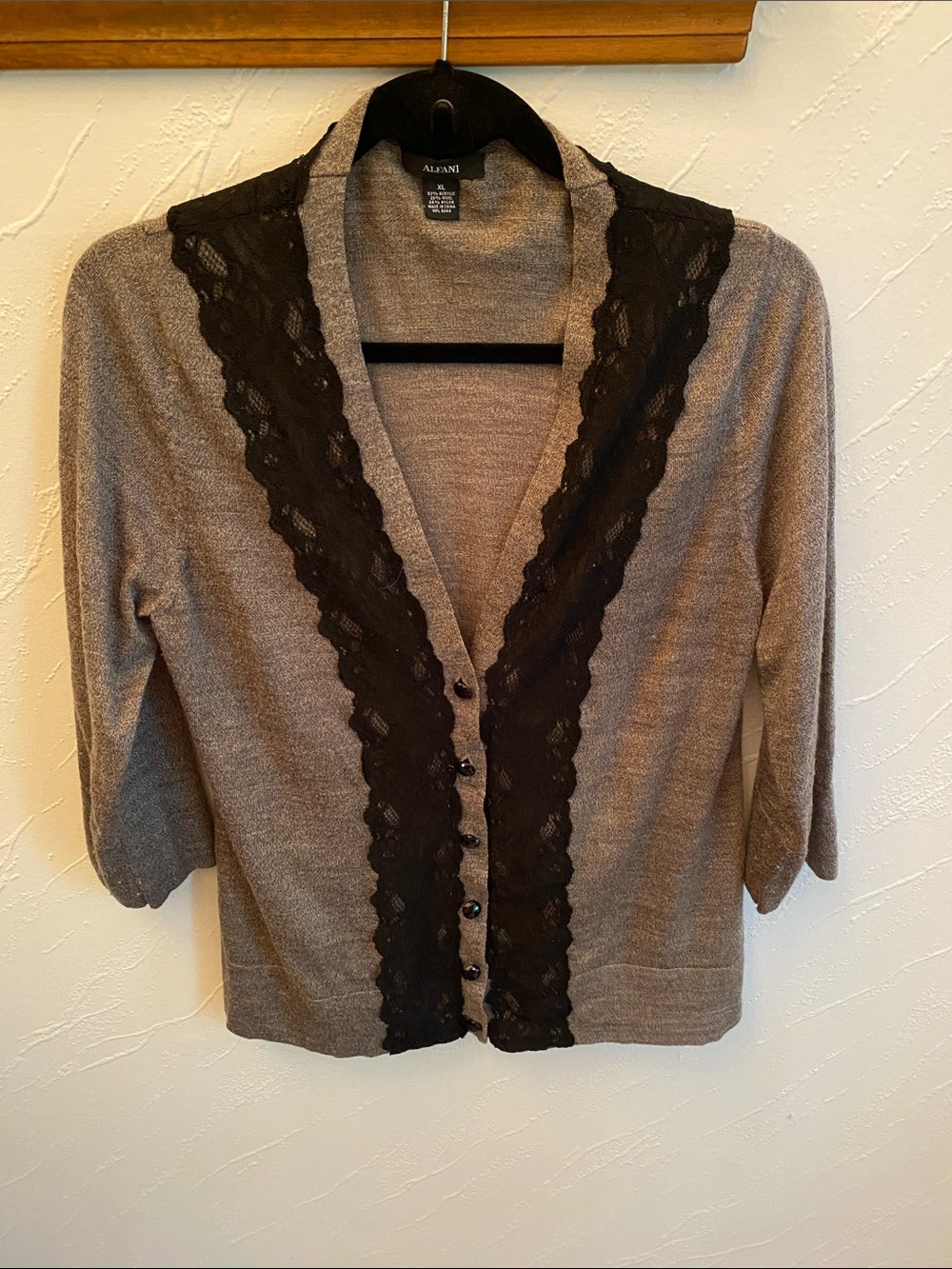 Alfani Taupe Cardigan with Black Lace Trim